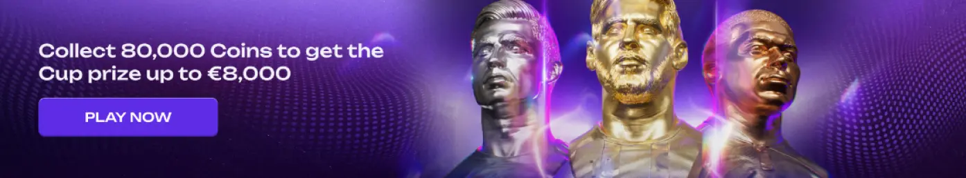 Turnierbanner mit goldenen Fußballfiguren und Cup-Preis bis zu 8.000 Euro